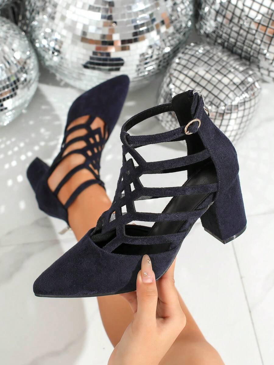 Pointed Toe Fashionable Elegant Solid Color Rhombus Pattern Hollow Out Stylish Club Party Women High Heel Sandals - Blue - View 1
