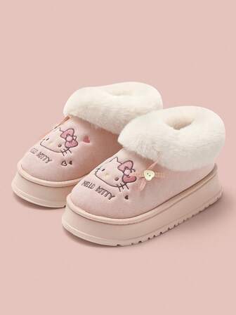 Sanrio Hello Kitty Cartoon Bow Low-Top Slippers, Fluffy Edged Thick Lining Warm & Comfortable Indoor Casual Shoes, Slip-On Design Suitable For Outdoor Snow Walking, Arch Support Shock-Absorbing EVA Soft Sole, Suede Fabric Round Toe Heel Stitching Upgraded Quality, Khaki/Pink Ladies Slippers Cute Elegant Ins Style, Women Slippers, Women's Indoor Shoes, Women's Winter Slippers, Hello Kitty Slippers
