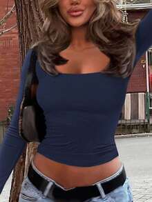 Vaiaye Women's Sexy Fitted Long Sleeve Knit Top, Solid Color Square Neck T-Shirt, Suitable For Valentine's Day Wear - Navy Blue - View 7