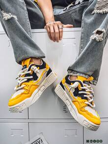 Lightweight Breathable Mesh Fashionable Versatile Thick Sole Height Increasing Men's Casual Sports Shoes, Suitable For All Seasons - 黃色 - 查看 10