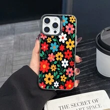 Colorful Silver Apple Phone CaseBright Colorful Flowers On A Dark BackgroundCompatible With  11 To  17 Models The Cases Lens Protection Function Ensures The Camera Remains Undamaged During Shooting  Guaranteeing Image Quality - Black - View 6
