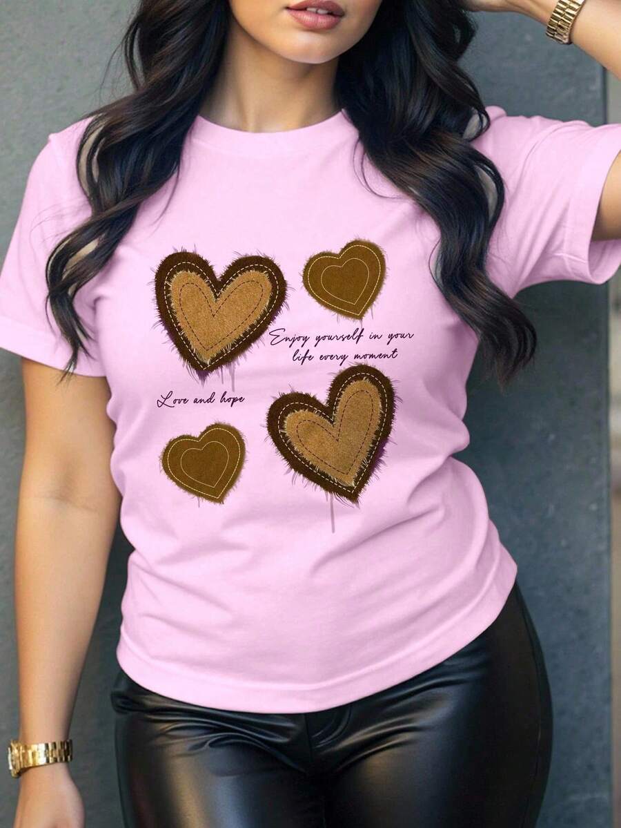 Camiseta de mujer estilo casual con apliques de corazón y detalles impresos, corte holgado, cuello redondo, manga corta, primavera/verano, uso diario - Rosa - Ver 1
