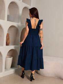 Luxury Midi Dress, Duna Brand, Plain With Ruffled Sleeves And Lace At The Waist. - 藏蓝色 - 查看 5