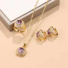 4PCS Square Jewelry Sets Luxury Vintage Fashion Accessory Women Earrings And Necklace Pendant Open Ring Bridal Wedding Jewelry For Women Gift Christmas, Thanksgiving, Valentine's Day, New Year And Birthday