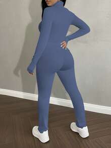 Bộ đồ nữ 2 món, áo kiểu dáng ôm sát thời trang màu trơn kèm áo khoác có khóa kéo và quần, chất liệu polyester nhẹ, phù hợp cho tập thể dục & yoga, mùa xuân/thu. - Màu xanh bụi bặm - Xem 4