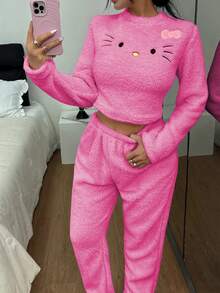 SANRIO 联名款女士舒适双面绒刺绣 Hello Kitty 猫咪短款上衣和休闲家居裤两件套 - 玫紅色 - 查看 3