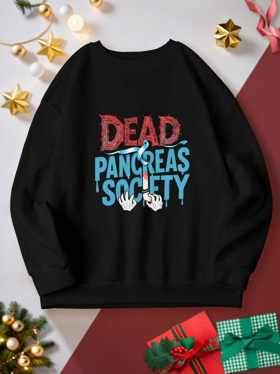 Sudadera de cuello redondo de poliéster para mujer, jersey casual de punto para otoño/invierno, con estampado gráfico de la Sociedad Geométrica del Páncreas Muerto, para la moda femenina. - [Rojo] - Ver 1