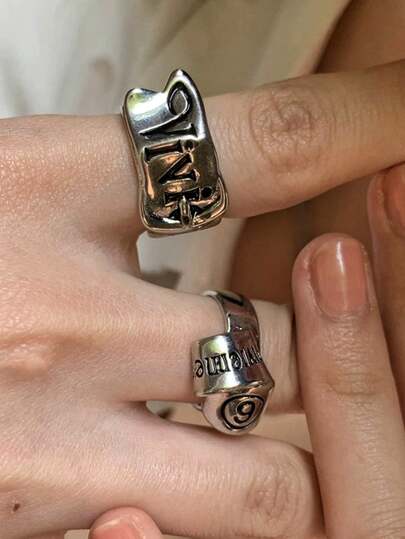 1個 ビンテージ加工 非対称メタルレター&ナンバーオープンリング、多用途ミニマリストユニークデザインカップルリング