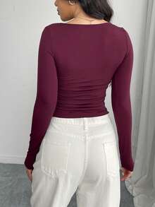 Women's Monochrome Sexy V-Neck Long Sleeve Slim Fit Side Ruffle Fashionable Lightweight Crop Top For Outing - Burgundy - View 6