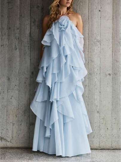 Women's Summer Flowy Sleeveless Dress 3d Flowers Irregular Ruffles Backless Party Maxi Dress For Vacation Cocktail Beach Sundress Streetwear