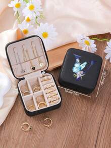 1 Peça Caixa de Joias Minimalista com Floral e Letra, Caixa de Joias Portátil de PU para Viagens de Verão, Mini Organizador de Joias para Brincos, Colares, Anéis, Exibição e Armazenamento de Joias, Caixa de Joias de Grande Capacidade, Adequada para Presentes do Dia das Mães, Natal, Halloween, Organizador de Joias Feminino, Essencial de Viagem, Armazenamento de Dormitório de Volta às Aulas - Preto - Visão 30