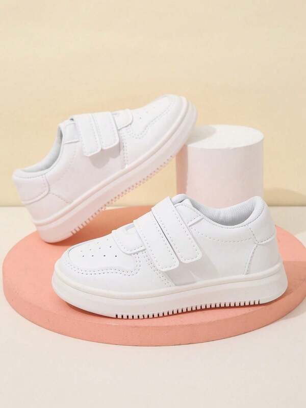 1 par de zapatos casuales blancos para bebé, diseño plano y sencillo con cierre de , adecuados para bebés en primavera/otoño, campus y actividades al aire libre