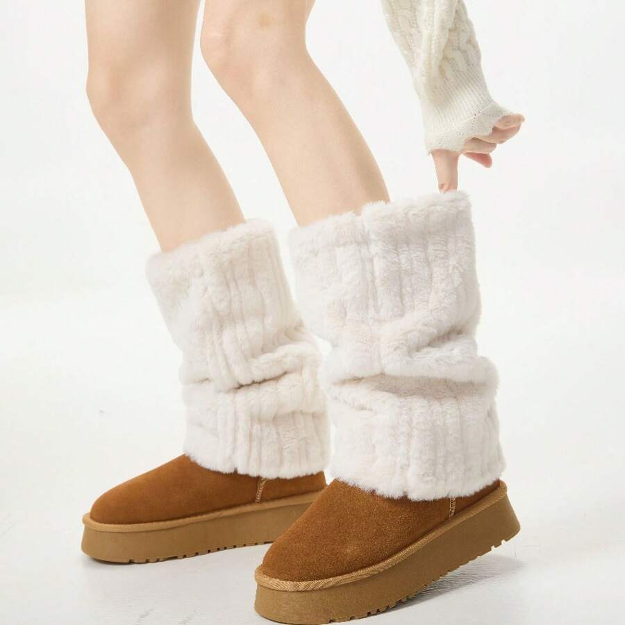 1 Piece Autumn Winter Fleece-Lined Thickened Warm Solid Color Leg Warmers For Autumn Winter, Pair With Snow Boots To Make Legs Look Slim, Warm Sweet Cool Must-Have For Streetwear And Commuting, Niche Layering Accessories, Must Buy Without Thinking~ - 咖啡 - 查看 1