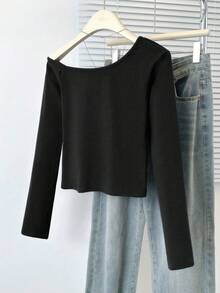 性感露肩修身长袖露脐上衣 - 黑色 - 查看 2