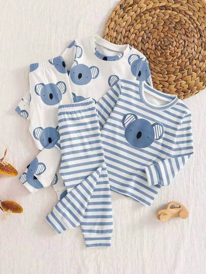 4pcs/Set Boys' Long Sleeve Pajama Set, Cute Animal & Stripe Pattern Round Neck Top And Pants, Soft And Comfortable Fabric, Suitable For Toddlers' Daily Wear