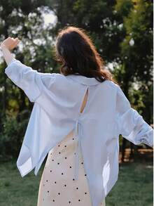 Loose Casual Tie Neck Long Sleeve Blouse, Versatile For Everyday Wear - Blue - View 7