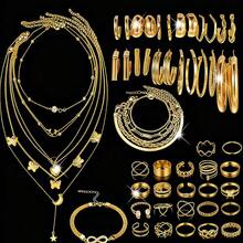 1 Set Of 3/2/1 Pcs Vintage Elegant Heart Pendant Necklace, Geometric Wide Face Earrings, Stud Earrings, Clip-On Earrings, Rings, Metal Jewelry Set For Women, Suitable For Daily Wear