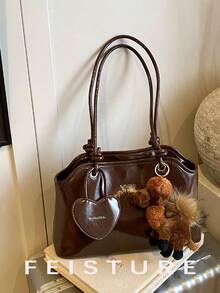 1pc FEISTURE Women's PU Leather Underarm Bowling Bag, Fashion Shoulder Bag With Cartoon Pendant, Suitable For Daily Outing, Dating, Commuting - Coffee - View 12