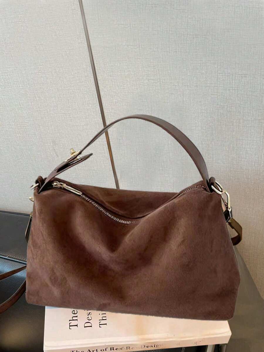 1pc Women's New Crescent Moon Handbag, Fashionable Minimalist Suede Tote Bag, Suitable For Dates, Gifts, Commuting, Shopping