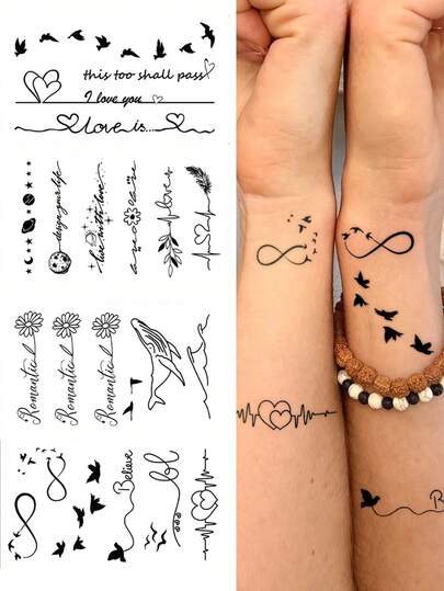 STARTTOOS 4 piezas Tatuajes temporales realistas y a prueba de agua con diseños minimalistas de pájaro, margarita, latido cardíaco y pluma, aptos para dedos, orejas, hombros, cuello y clavículas, ideales para DIY, anime, carnaval, festivales de música, San Valentín y regalos de fiesta