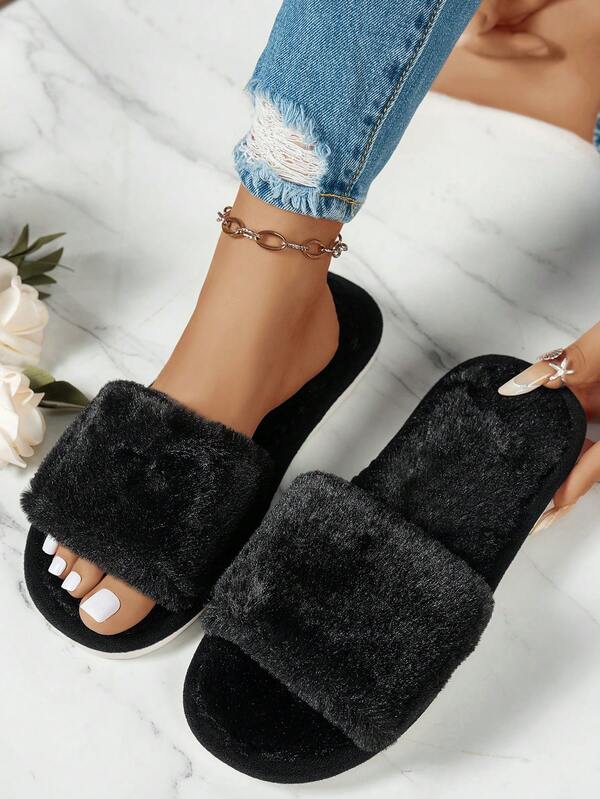 Women's House Slippers, Black Soft Faux Fur Lined, Open Toe Flat Indoor Shoes