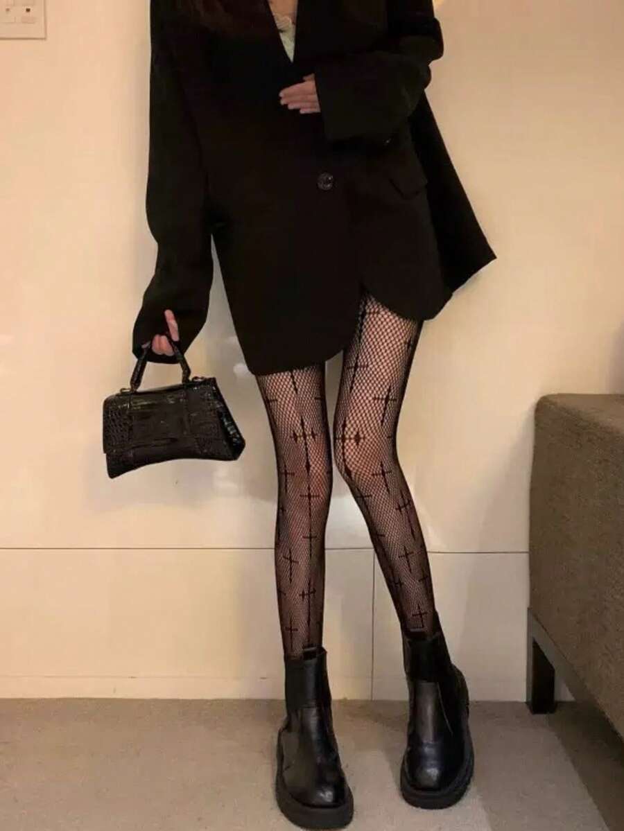 1 Pair Sexy High Elasticity Cross Fishnet Hollow Punk Style Pantyhose
