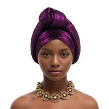 Gorra de Turbante de Tela Brillante con Nudo, Envolturas para la Cabeza de Mujeres, Auto Gele Africano, Turbante de Fiesta de Nigeria - Dorado - Ver 5