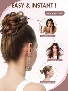 1pc/2pcs Messy Bun Hair Piece With Claw Clip, Real Human Hair Bun, Curly Wavy Fluffy Hair Bun Hair Scrunchie, Medium Brown Ombre Clip-In Hair Bun. Large Messy Bun Hair Piece With Claw Clip, Real Human Hair Bun, Wavy Bun Hair Piece, Updo Hair Piece, Women Claw Clip Ponytail, Wavy Claw Clip Messy Bun Hair Clip, Real Human Hair Bun Hairpiece, Soft Hair Bun Piece, Women Daily Wear. - Multicolor - View 9