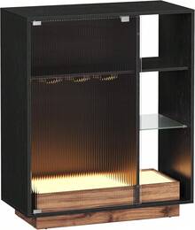 VASAGLE Aparador, Armario Bar Vino con Luces LED, con Almacenaje para Vino, Bar Café Licor, con Portavasos, Puerta de Vidrio Acanalado, para Sala de Estar, Negro Ébano - Negro - Ver 7
