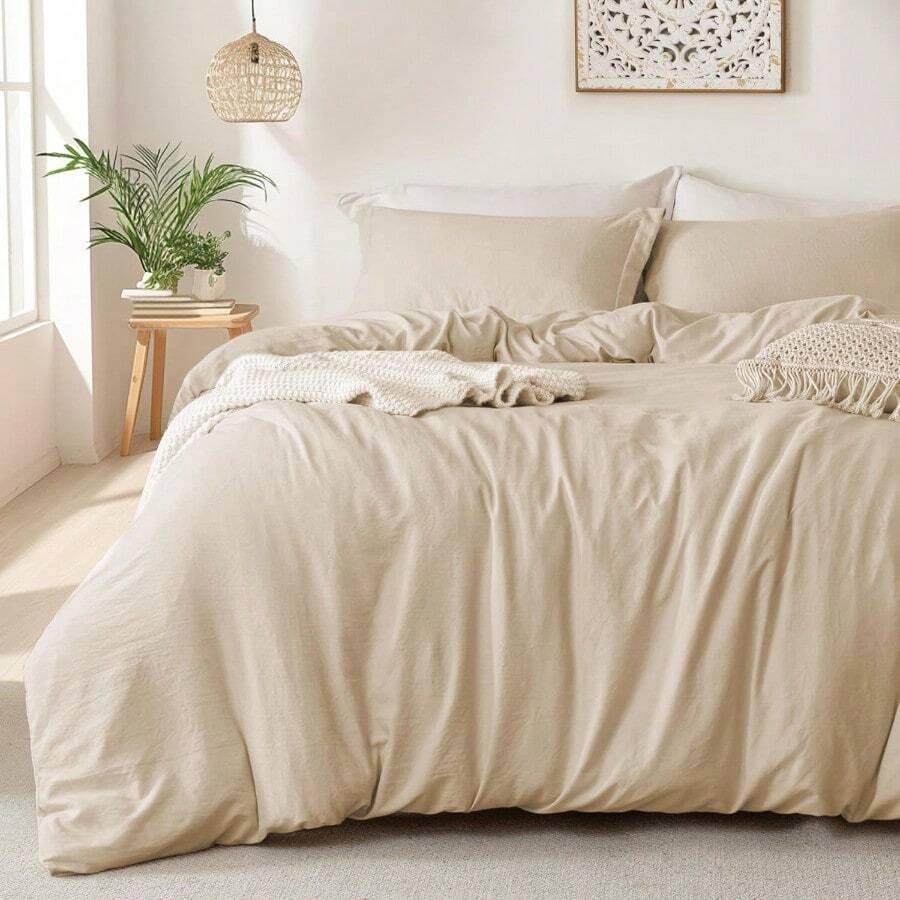 Duvet Covers SetsMILDLY - Juego de funda de edredón súper suave 100% microfibra lavada color caqui claro 3 piezas con cierre de cierre y lazos en las esquinas sin edredónDuvet Covers Sets - 01Caquiclarosinedredn - Ver 1