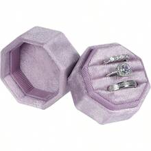 Velvet Ring Box, 3 Slots Octagon Jewelry Ring Box Vintage Ring Display Holder Case Wedding Ceremony Proposal Engagement Pearly White - Pale Purple - 查看 2