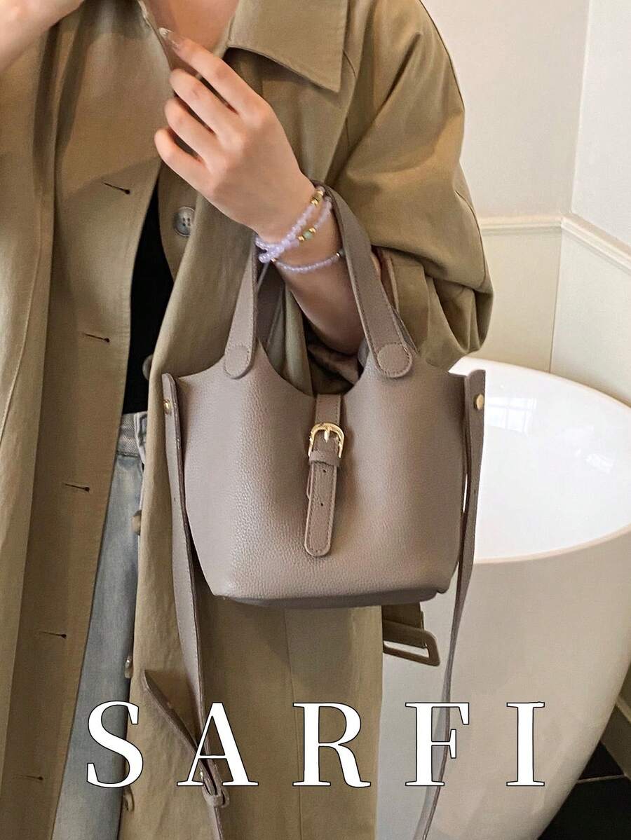 Classic Minimalist Women Handbag Versatile Adjustable Strap Crossbody Bag, Solid Color New Elegant Grey Color-Block Tote Bag With Lining And Pouch, Autumn/Winter - Grey - View 1