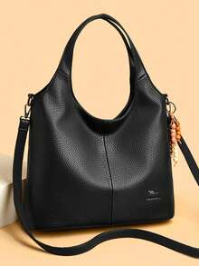 LANYIBAIGE 女士软皮手提包，复古单肩包，奢华设计师大容量包 - 黑色 - 查看 1