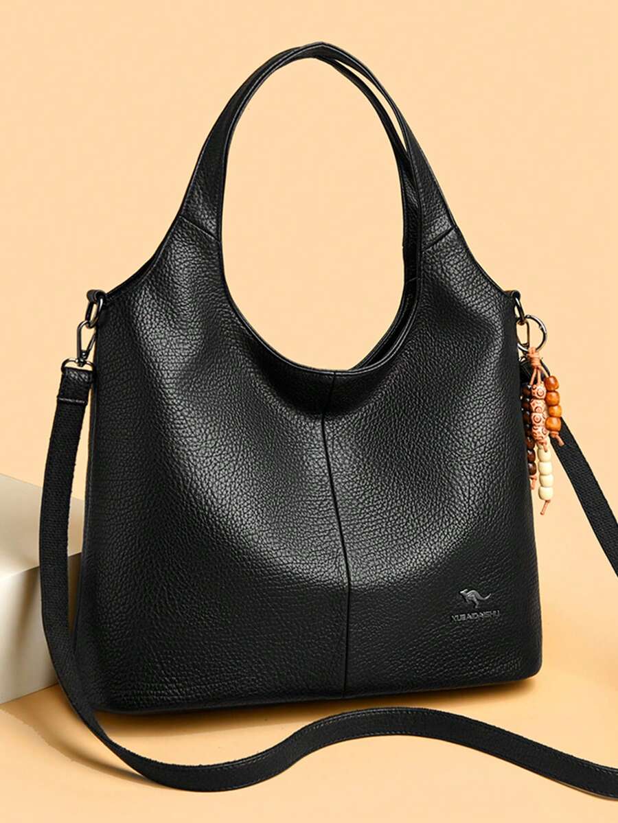 LANYIBAIGE 女士软皮手提包，复古单肩包，奢华设计师大容量包 - 黑色 - 查看 1