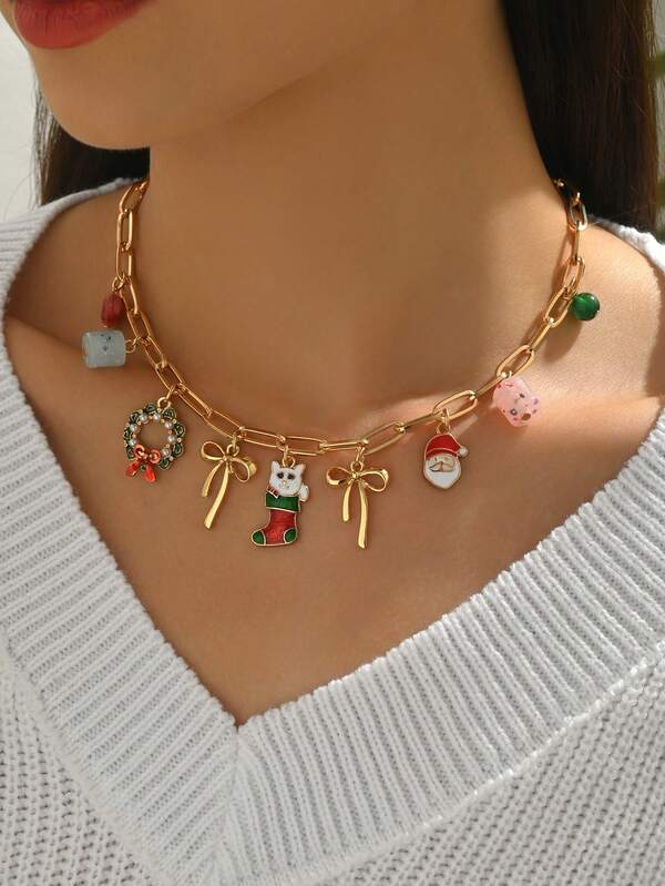 Colar de Natal elegante e clássico com pingente de gato, Papai Noel, guirlanda, laço, contas de resina coloridas e corrente dourada. Ideal para uso diário e como presente de boas festas.