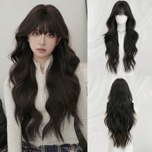 NAMM 30英寸黑棕色超长波浪假发，女士款，蓬松波浪卷发带刘海，全机织合成纤维假发，适合日常办公、音乐节派对、角色扮演等场合佩戴 - 樱花庆典魅力派对街头风摄影 - 女孩礼物假发配件 - 黑棕色 - 查看 12
