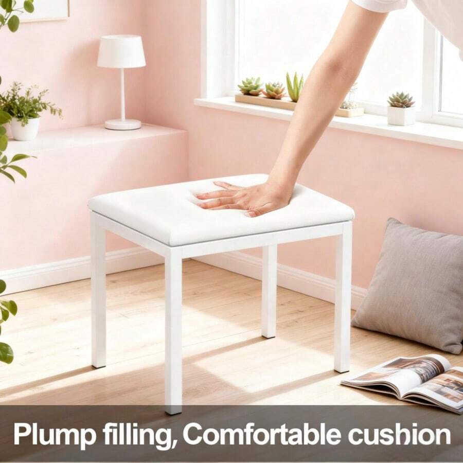 Modern Dressing Table Stool Makeup Vanity Stool Chair Soft Padded Wooden - White - View 1