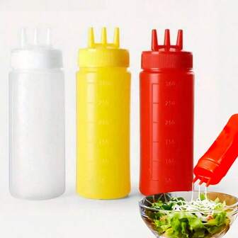 3 piezas Botellas de plástico para exprimir condimentos con 3 agujeros para salsas espesas, ketchup, mostaza, jarabe, BBQ. Botellas para exprimir para manualidades y cocina