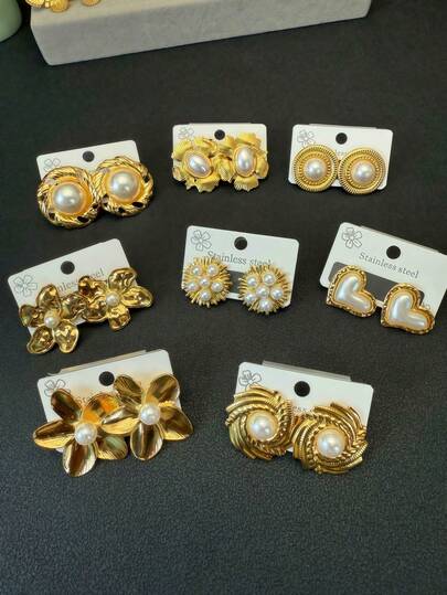 12 paires/set de boucles d'oreilles à tige en acier inoxydable multifonctionnel avec perles, (sélection aléatoire) boucles d'oreilles asymétriques multi-éléments, boucles d'oreilles élégantes, convenant aux accessoires quotidiens, cadeau idéal pour la Saint-Valentin