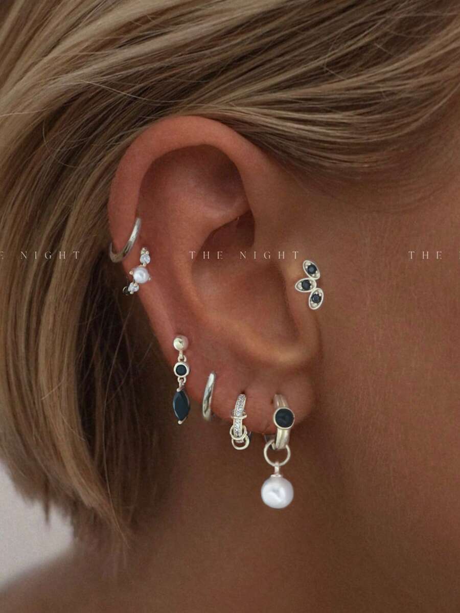 7件套优雅黑色锆石耳钉套装，简约风格，适合女性约会、派对和日常佩戴 - 銀色 - 查看 1