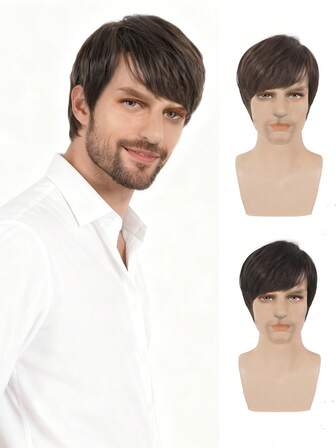 Short Hair Wig, European And American Men's Fashionable And Elegant Slanted Bangs Synthetic Fiber Wig, European And American Wig, Men's Wig, Short Hair Mechanism Synthetic Fiber Wig Wig, Realistic Black Short Hair Slanted Bangs Mechanism Wig, Men's Wig, Wig Wig, Men's Wig.