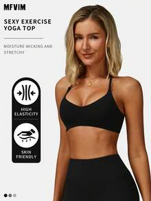 MFVIM 女士高强度运动文胸，交叉肩带露背设计，性感无钢圈运动文胸，透气柔软弹力面料，适合通勤、户外、跑步、骑行、瑜伽、普拉提、健身房锻炼等场合。 - 黑色 - 查看 3