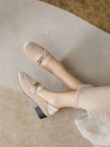 Mengshangli 撞色拼接学院风复古粗跟方头高跟鞋，适合办公室、派对、四季穿着。 - 藕粉色 - 查看 4