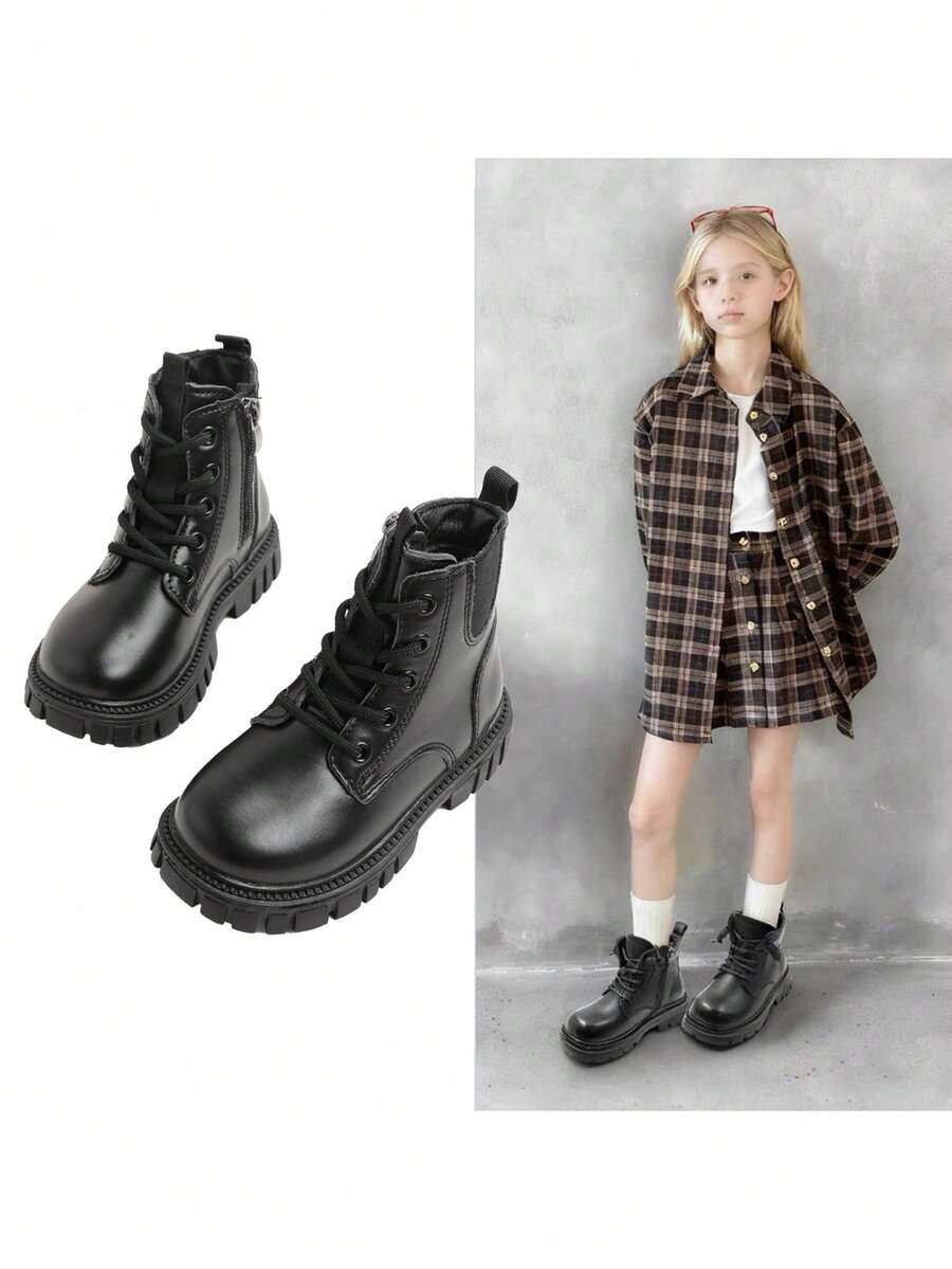 1 Pair Fashion New Solid Color Side Zipper Children's Thick Boots, Comfortable & Durable, Suitable For Outdoor, Autumn/Winter