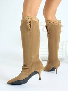 Fall/Winter Vintage Distressed Suede Pointed Toe Lace Patchwork Thigh High Fashion Boots For Women, New Autumn Pleated Versatile Riding Boots,Kitten Heels - Khaki - View 3
