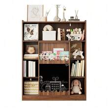 Bücherregal 120 cm mit Tafeltüren & Bilderbuchablage »CreativeStore<< – 9-teiliges Regalsystem in Nussbaum mit Schiebetüren & großzügigem Stauraum – Vielseitig für Bücher, Spielzeug & Deko (120*38,5*151,5 cm) - Standard - Übersicht 10