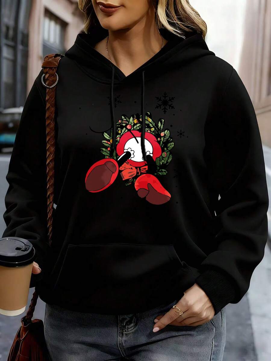 Disney Hoodie White Mickey Mouse Christmas Wreath Snowflakes Print Women Casual Winter Outwear - Black - View 1