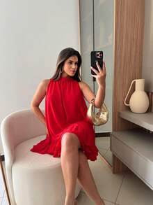 Sleeveless Short Chiffon Dress With High Neck, Ruffled Hem, And Lining - Elegant, Luxurious Party Dress - Red - View 3