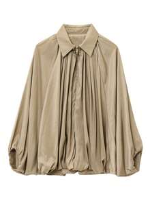 Chaqueta de mujer de verano con pliegues, manga de murciélago esponjosa, chaqueta bomber con solapa, chaqueta corta suelta y delgada de manga larga para mujer, nueva en prendas exteriores, chaqueta ligera de mujer de manga larga con cremallera, chaqueta ligera - Caqui - Ver 4