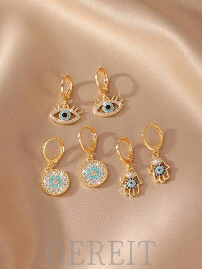 GEREIT 1 Pair Elegant 14K Plated Copper AAA Cubic Zirconia Blue Evil Eye Fatima Hand Dangle Earrings, Suitable For Women's Daily Wear